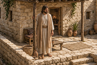 Jesus stands alone in front of Mary and Martha’s Bethany house.